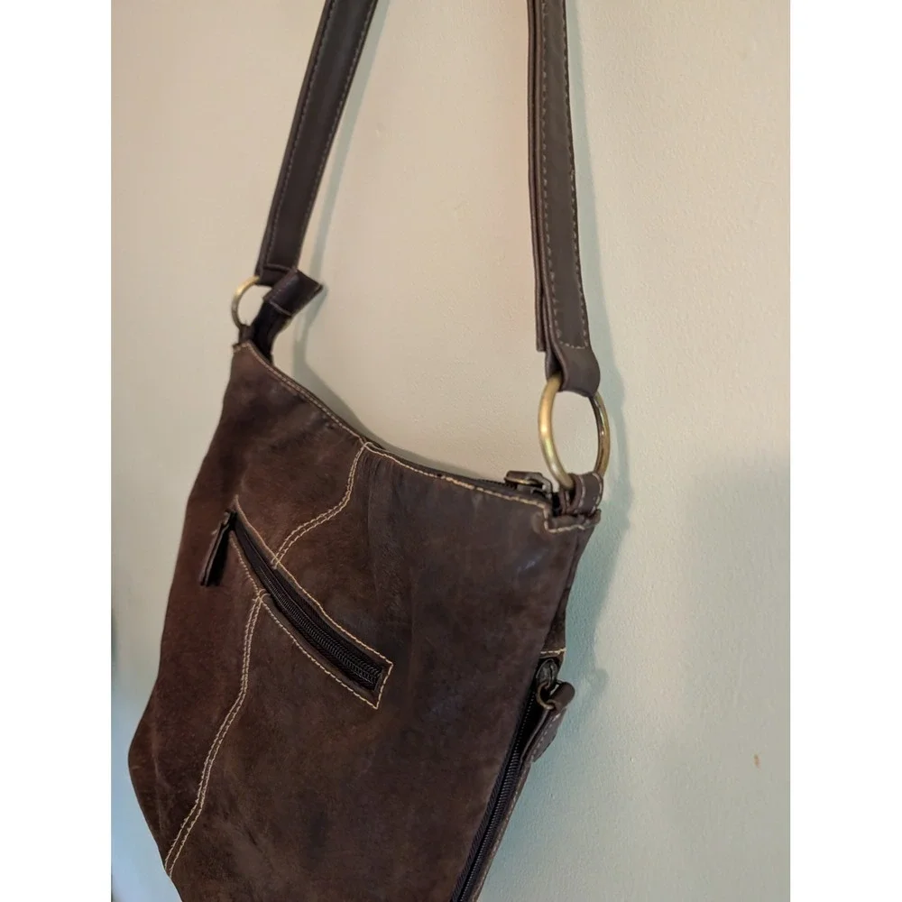 Vintage Y2K St Johns Bay Brown Suede Shoulder Bag Leather Trim Hobo Purse